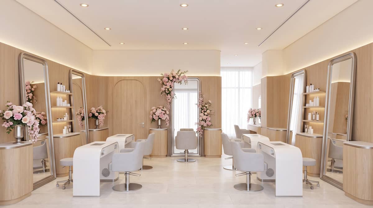 A stylist finishing a client's hair in a light-filled British salon